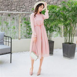 Long-sleeve Frill-trim Midi A-line Dress