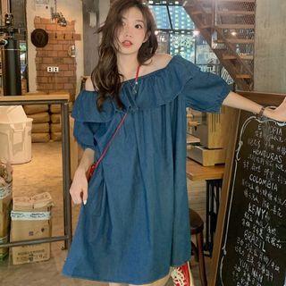 Off-shoulder Ruffle Trim Denim Mini A-line Dress