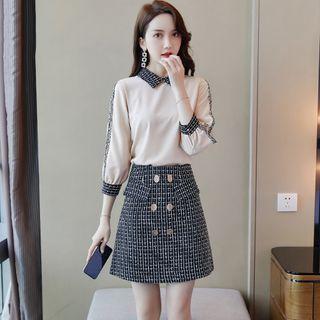 Set: 3/4-sleeve Contrast Trim Blouse + A-line Skirt
