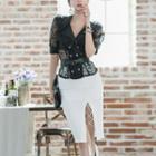 Set: Lace Short-sleeve Blouse + Side Slit Pencil Skirt