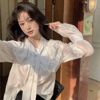 Bell-sleeve Collared Lace Trim Blouse White - One Size
