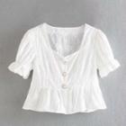 Short-sleeve Faux Pearl Button Cropped Blouse