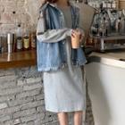 Drawstring Hooded Denim Vest / Long-sleeve Midi T-shirt Dress