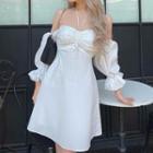 Halter Off-shoulder Puff-sleeve Plain Drawstring Dress