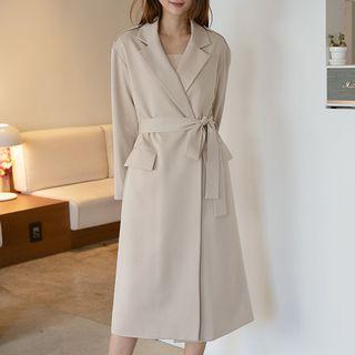 Epaulet Open-front Long Trench Coat Beige - One Size