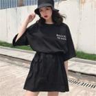 Lettering Elbow-sleeve Tie Waist T-shirt Dress