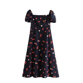 Short-sleeve Square-neck Fruit Print Midi Dress
