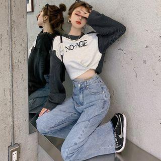 Knit Panel Cropped Sweatshirt / Straight Leg Jeans