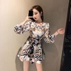 Printed Tie-waist Long-sleeve A-line Mini Dress