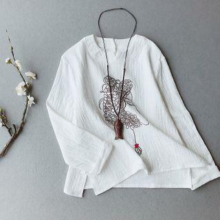 Long-sleeve Embroidered Linen Blend Top