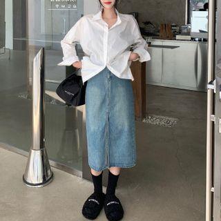Plain Shirt / Front-slit Denim Midi Pencil Skirt