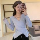 Long Sleeve V-neck Cutout Asymmetrical Hem T-shirt