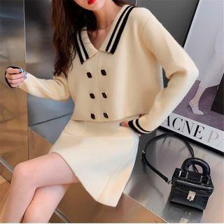Set: Striped Collared Sweater + Mini Knit Pencil Skirt