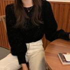 Lantern-sleeve Velvet Blouse Black - One Size