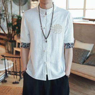 3/4-sleeve Embroidered Mandarin Collar Shirt
