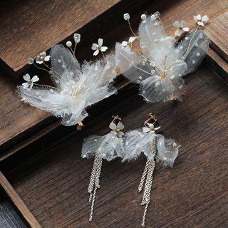 Wedding Set: Mesh Flower Hair Clip + Dangle Earring Set Of 2 - Hair Clip & 1 Pair - Dangle Earring - Clip-on Earring - As Shown In Figure - One Size