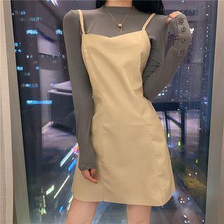 Spaghetti-strap Plain Dress / Long-sleeve Plain Top