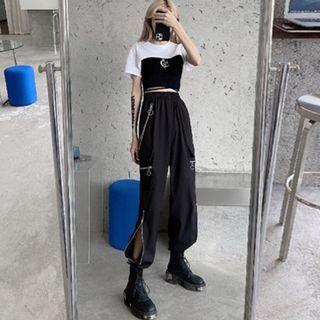 High-waist Zip Cargo Pants / Short-sleeve Cropped T-shirt / Tank Top / Set