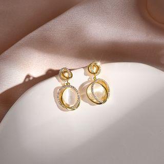 Rhinestone Cat Eye Stone Drop Earring 1 Pair - Earring -cat Eye Stone - 14k Gold - One Size