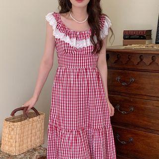 Sleeveless Gingham Lace Trim Midi A-line Dress