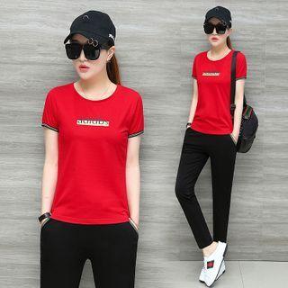 Set: Short-sleeve Lettering Contrast Trim T-shirt + Sweatpants