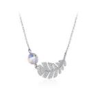 925 Sterling Silver Leaf Necklace With White Austrian Element Crystal Silver - One Size