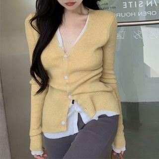 Mock Two-piece V-neck Long-sleeve Cardigan