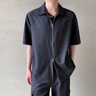 Short-sleeve Contrast Trim Zip-up Shirt