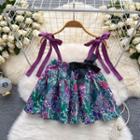 Suspender Bow Floral Cropped Top Green & Purple - One Size
