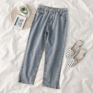 High-waist Slit-hem Cropped Straight Leg Jeans
