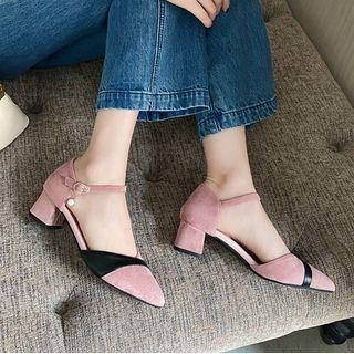 Two-tone Panel Block Heel Dorsay Pumps