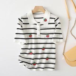 Elbow-sleeve Polo Neck Striped Knit Top Stripes - Red & Green & Black & White - One Size