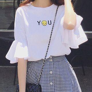 Printed Ruffle Elbow-sleeve T-shirt