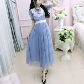 Short-sleeve Cold-shoulder Floral Lace Trim Midi Dress