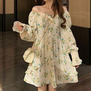 Long-sleeve Frill Trim Floral Mini A-line Dress