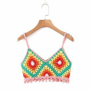 Knit Cropped Camisole Top Green & Yellow & Orange - One Size