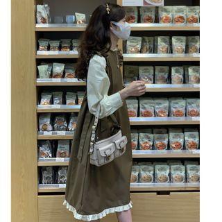 Mock Two-piece Long-sleeve Ruffle Trim A-line Dress Arm Green - One Size