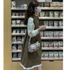 Mock Two-piece Long-sleeve Ruffle Trim A-line Dress Arm Green - One Size