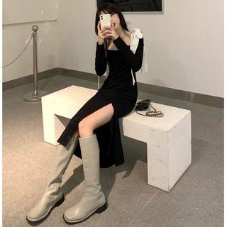 Long-sleeve Bow-accent Slit Midi Dress