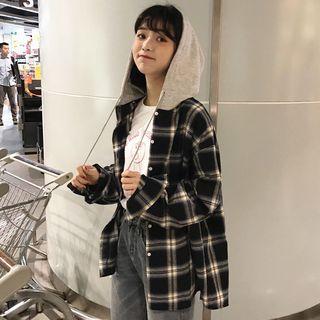 Long-sleeve Hooded Plaid Shirt As Shown In Figure - One Size