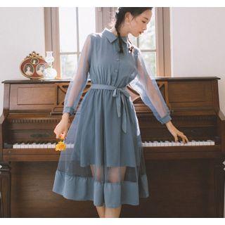 Mesh Panel Midi A-line Shirtdress