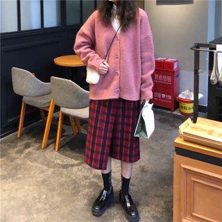 Long-sleeve Turtle-neck T-shirt / Cardigan / Plaid Midi A-line Skirt