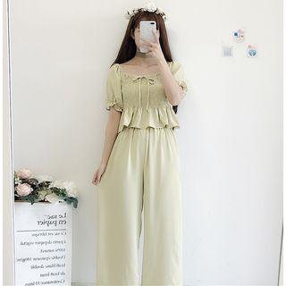 Set: Short-sleeve Blouse + Wide-leg Pants