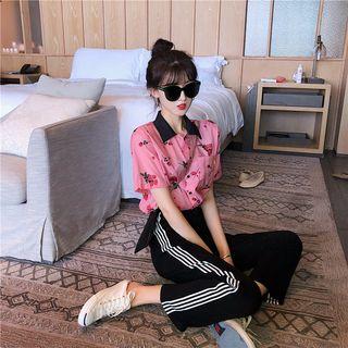 Short-sleeve Rose Print Shirt / Striped Trim Wide-leg Pants