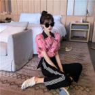 Short-sleeve Rose Print Shirt / Striped Trim Wide-leg Pants