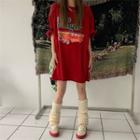 Elbow-sleeve Vintage Print T-shirt Dress Vintage Red - One Size