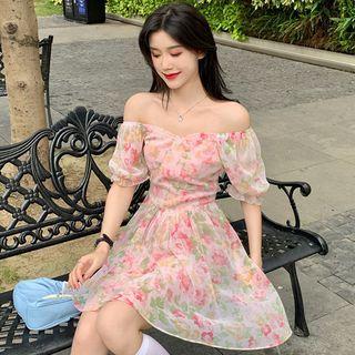Puff-sleeve Floral Chiffon Mini A-line Dress