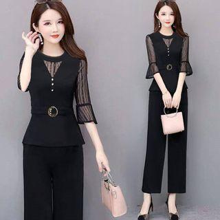 Set: Elbow-sleeve Belted Blouse + Straight-cut Pants