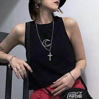Crescent Embroidered Crop Tank Top Black - One Size