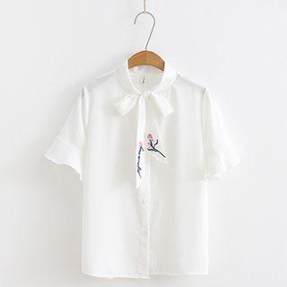 Elbow-sleeve Embroidered Chiffon Shirt
